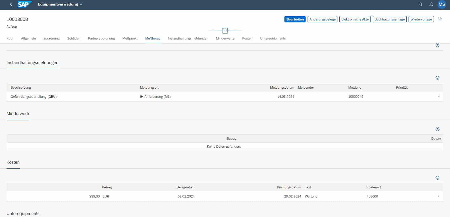 SAP Fiori App: Equipmentverwaltung